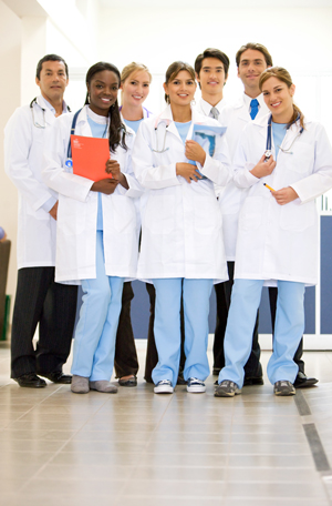 Picture of Medical Professionals wearing scrubs and medical coats (Males and Females)