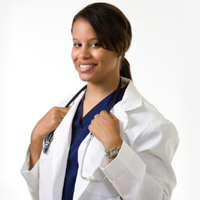 Picture of a female Physician holding a stethoscope around her neck while smiling